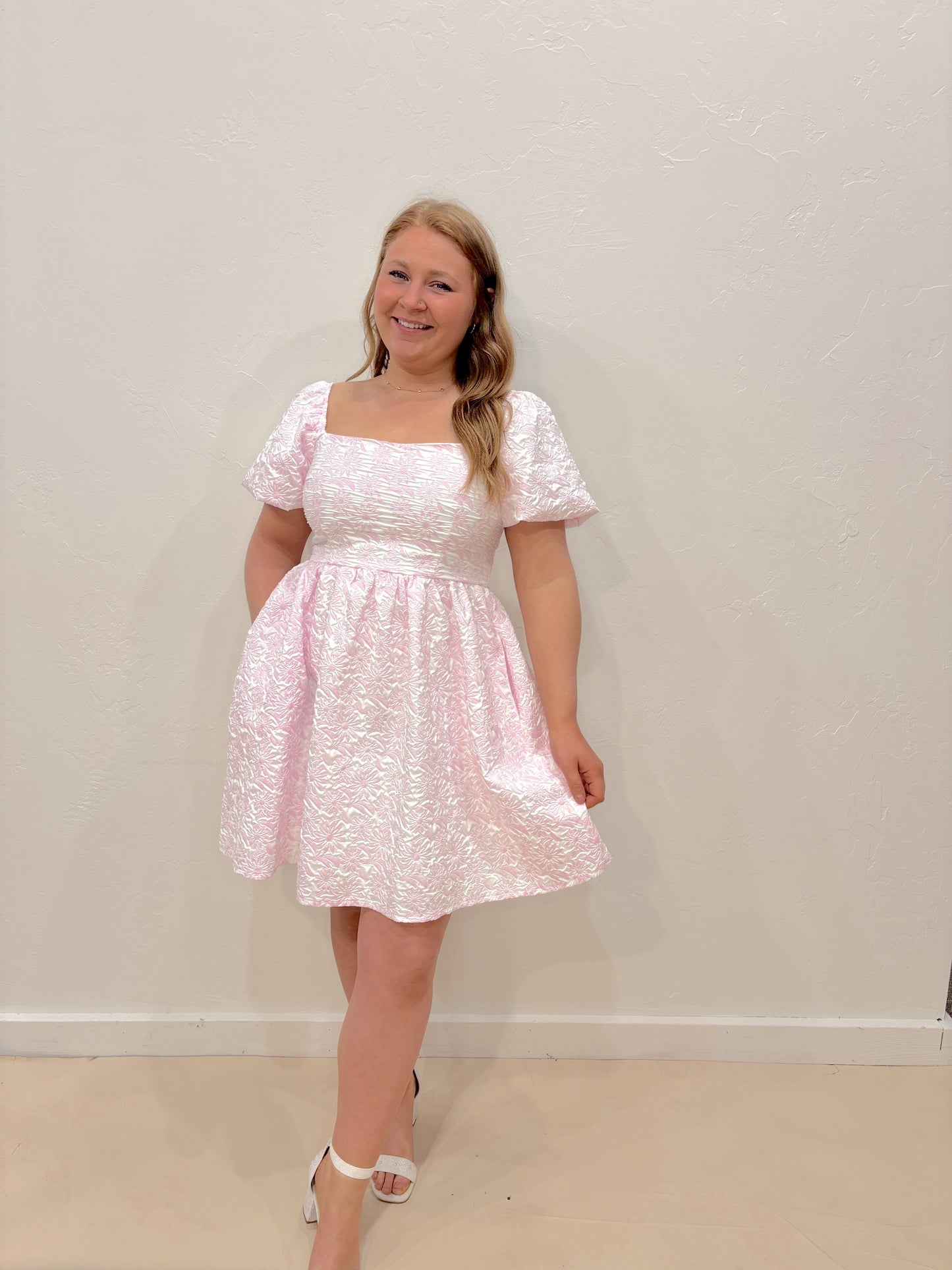 Spring Flower Square Neck Dress - Pink