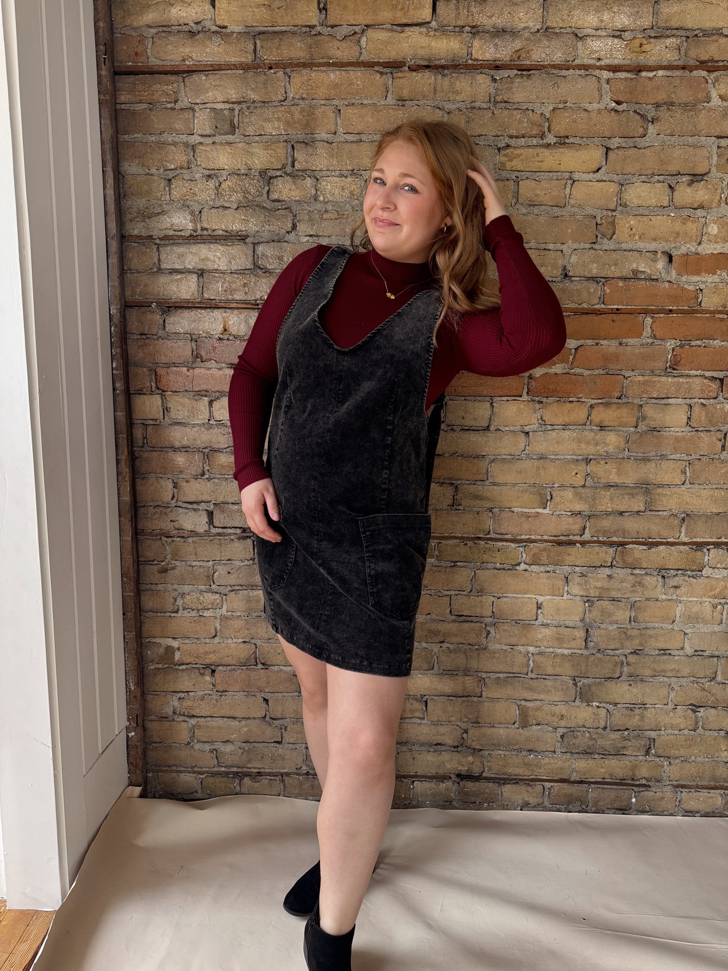 Corduroy Front Pocket Dress- Black