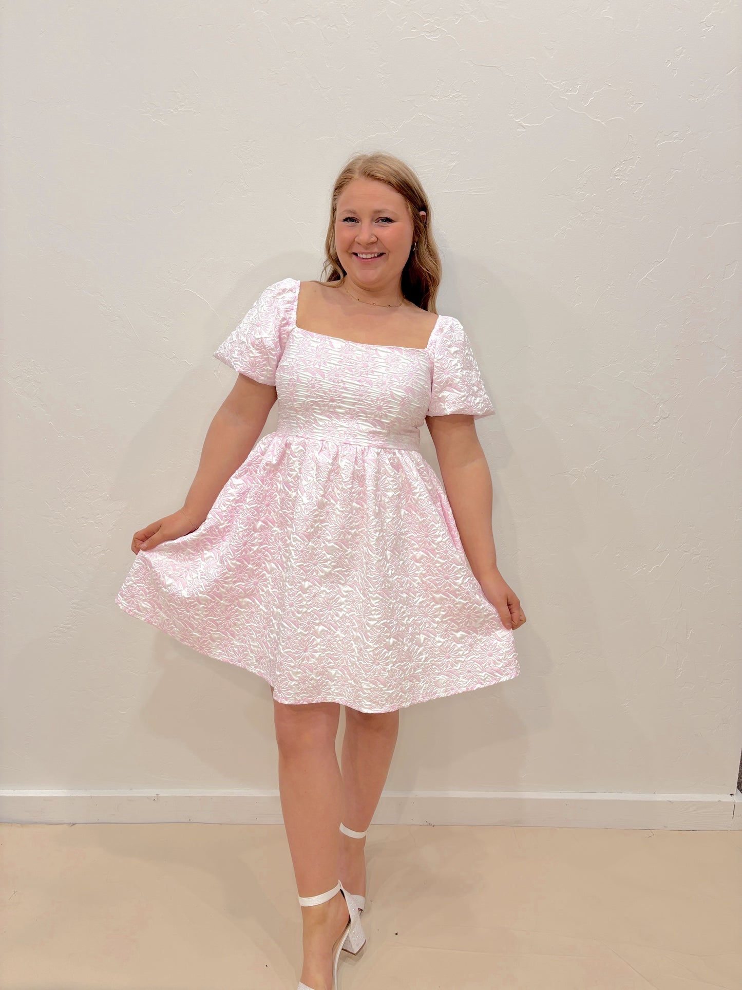 Spring Flower Square Neck Dress - Pink