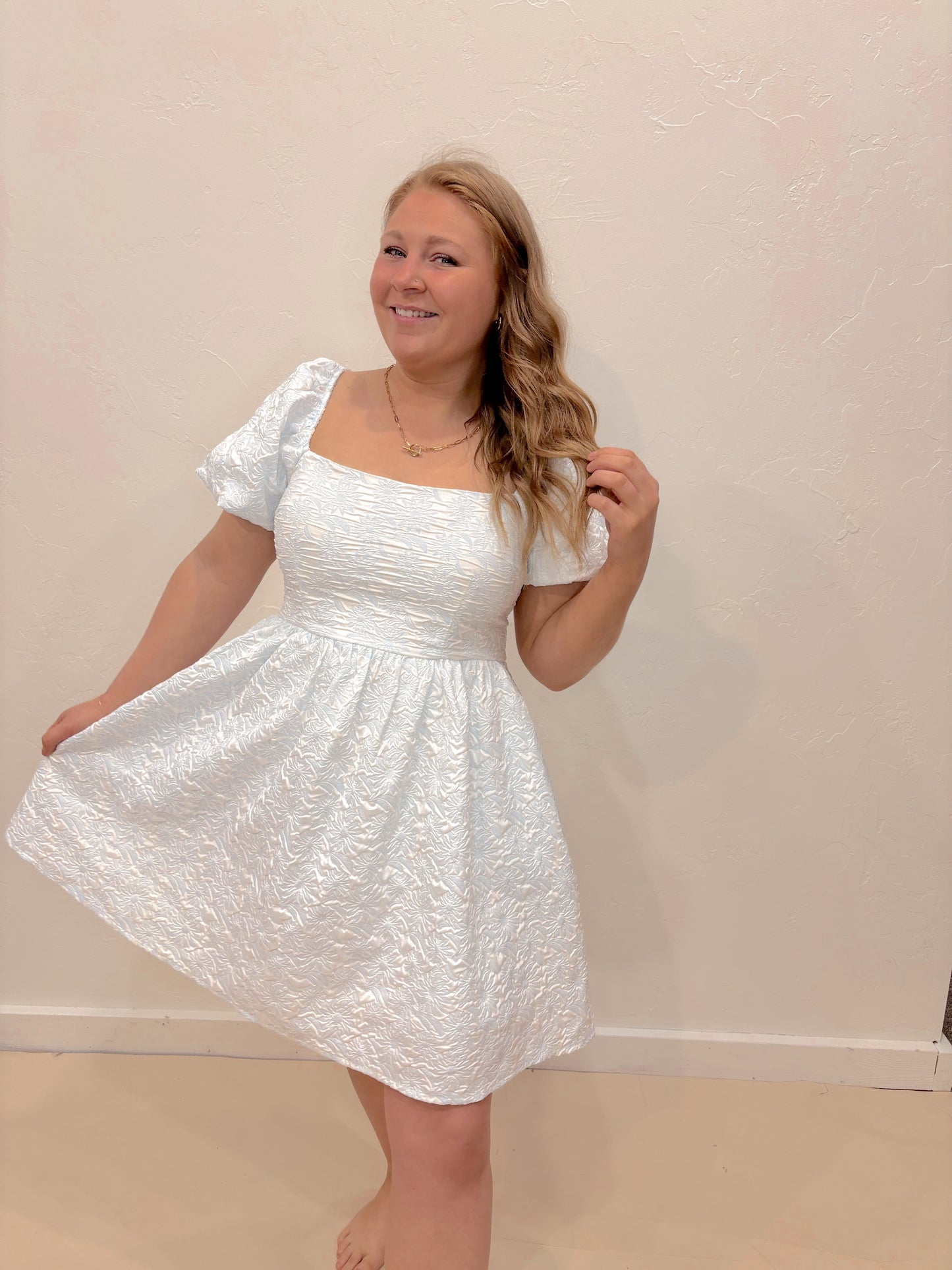 Spring Flower Square Neck Dress - Blue