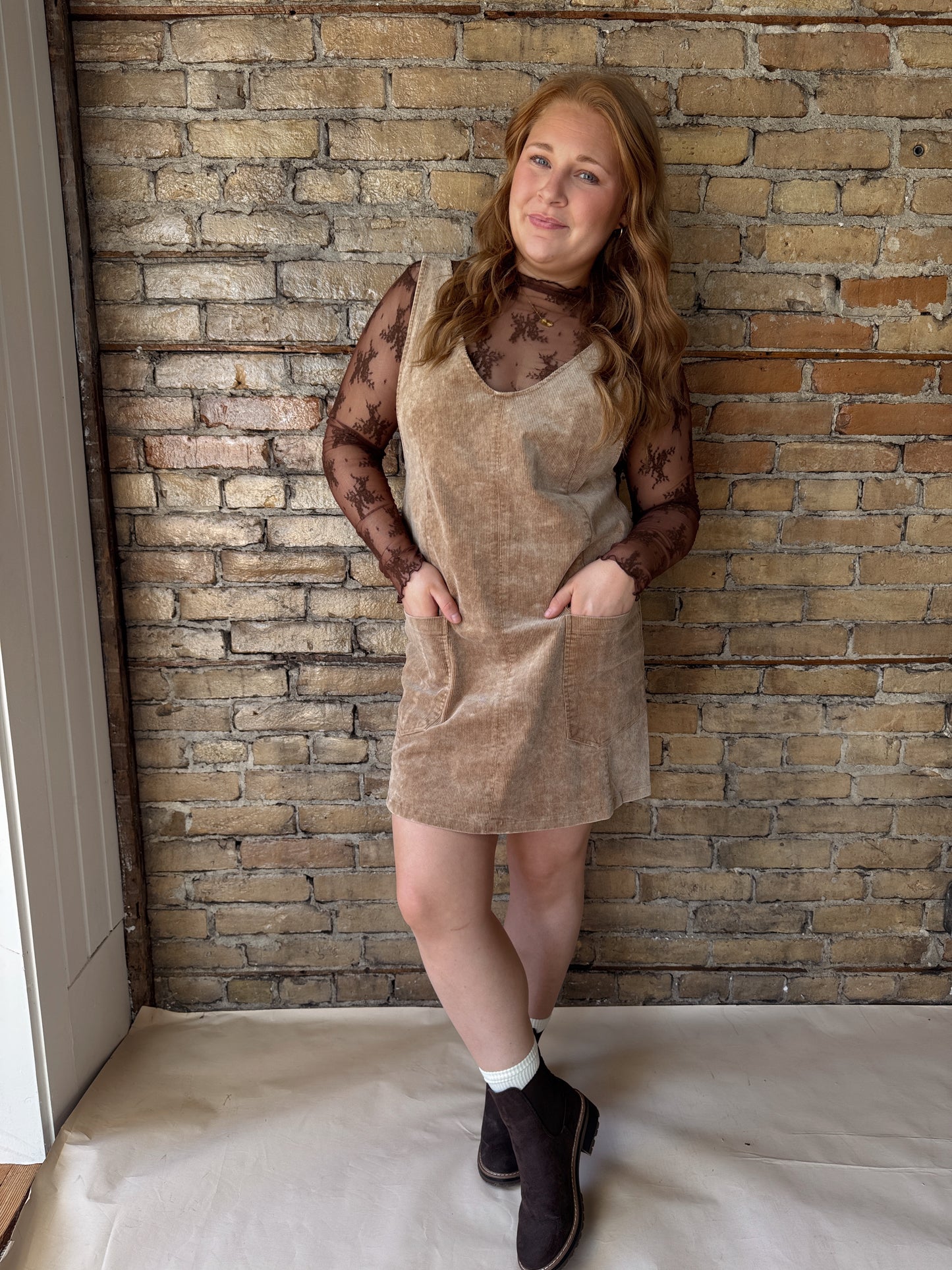 Corduroy Front Pocket Dress - Taupe