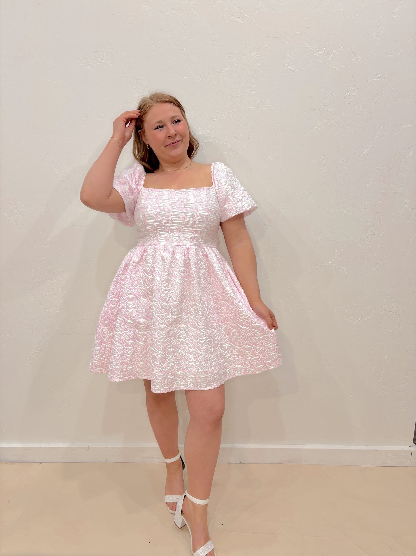 Spring Flower Square Neck Dress - Pink