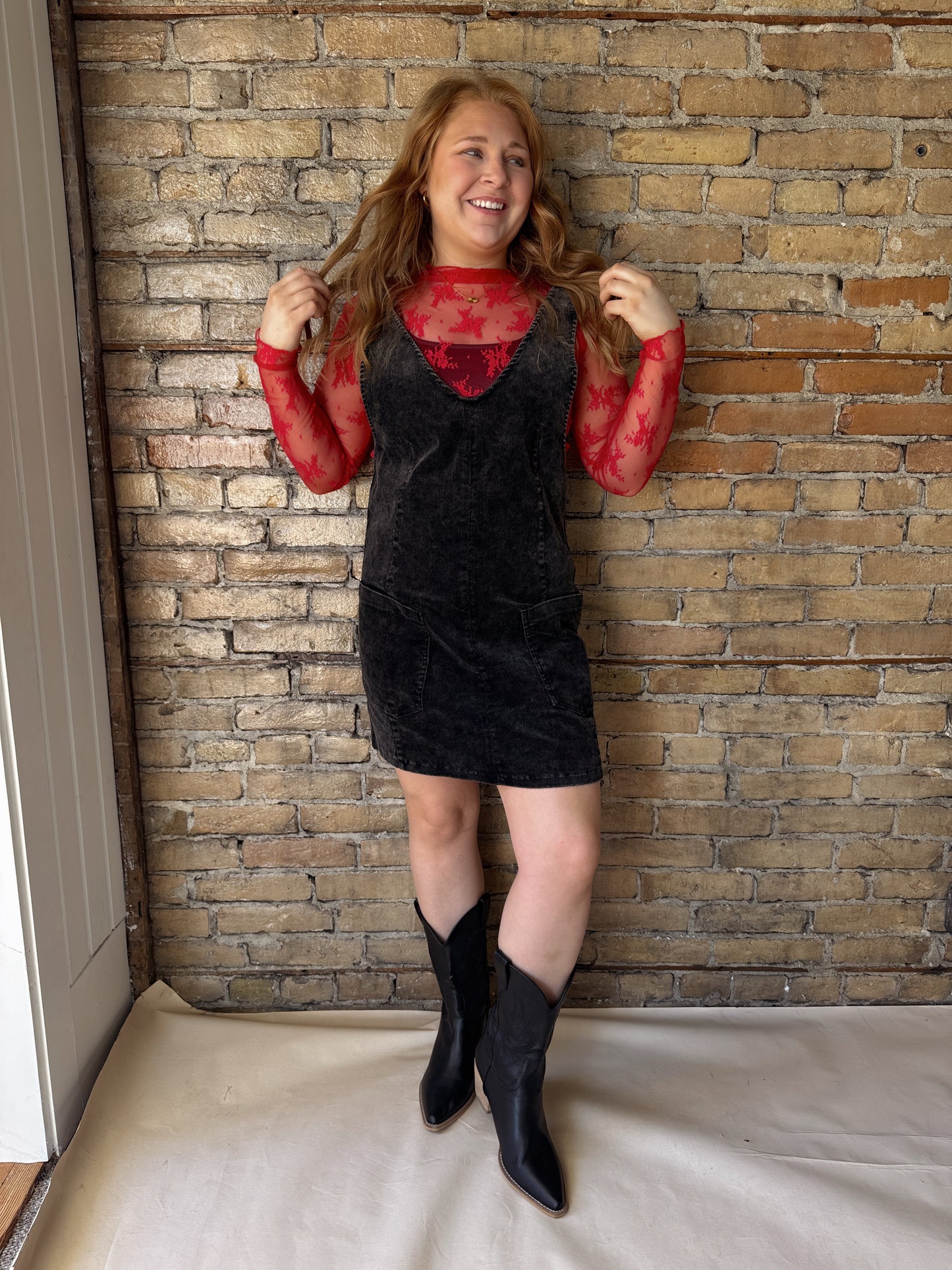 Corduroy Front Pocket Dress- Black