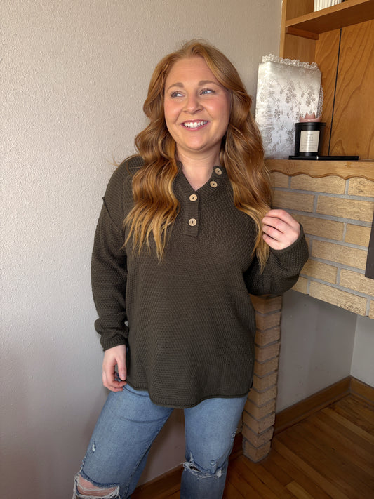 Henley Knit Sweater - Olive