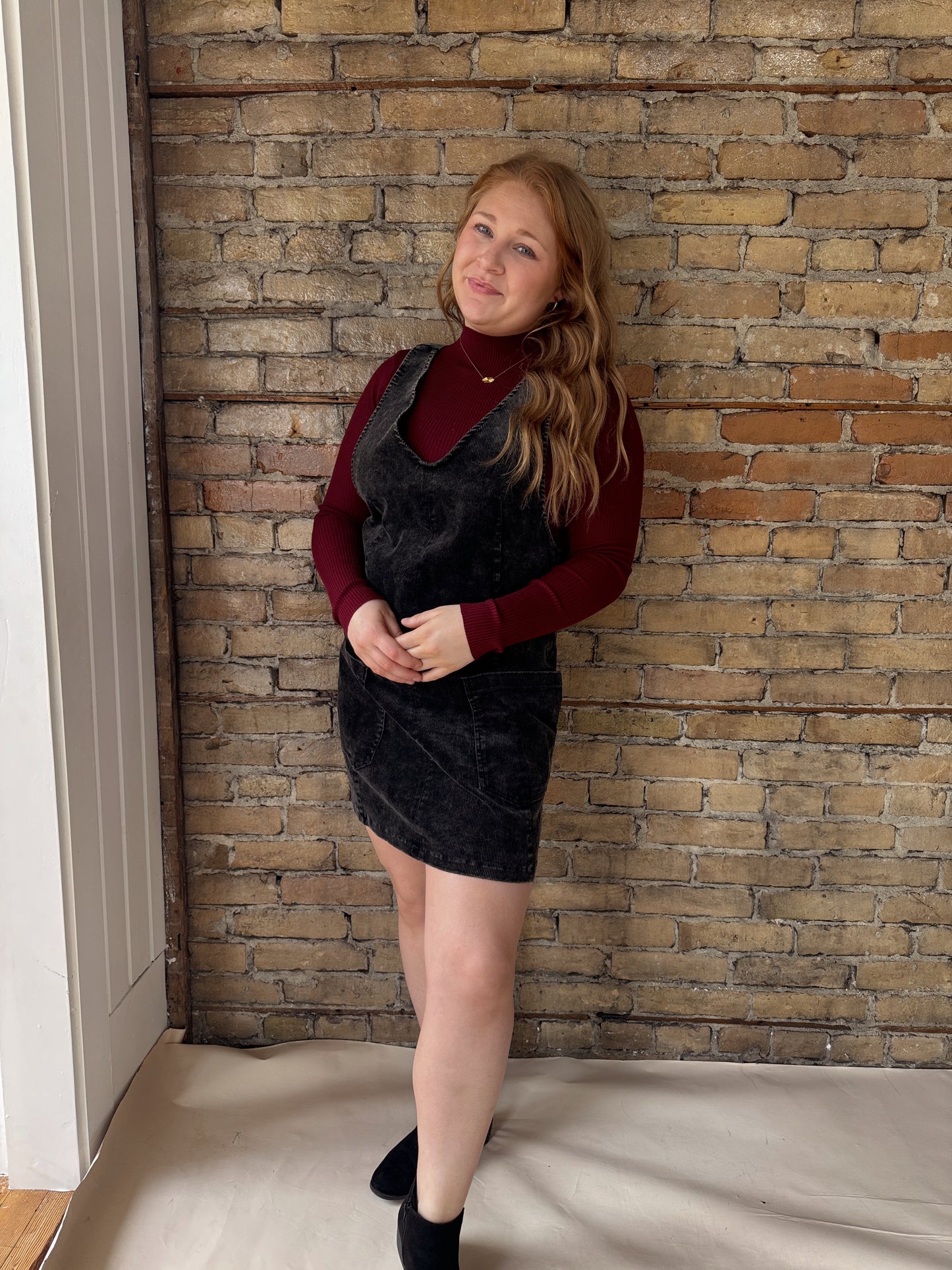 Corduroy Front Pocket Dress- Black