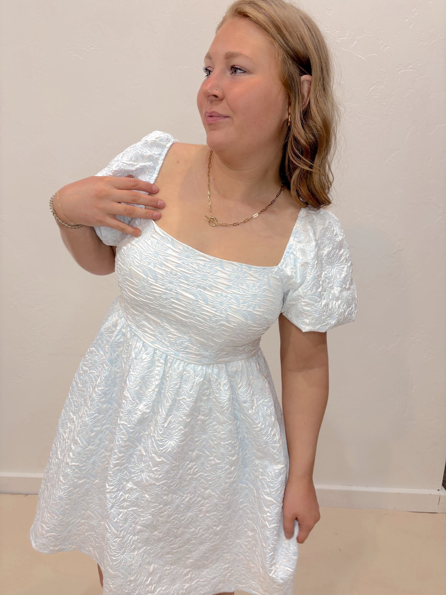 Spring Flower Square Neck Dress - Blue