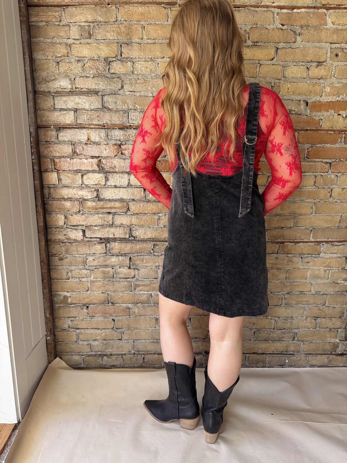 Corduroy Front Pocket Dress- Black