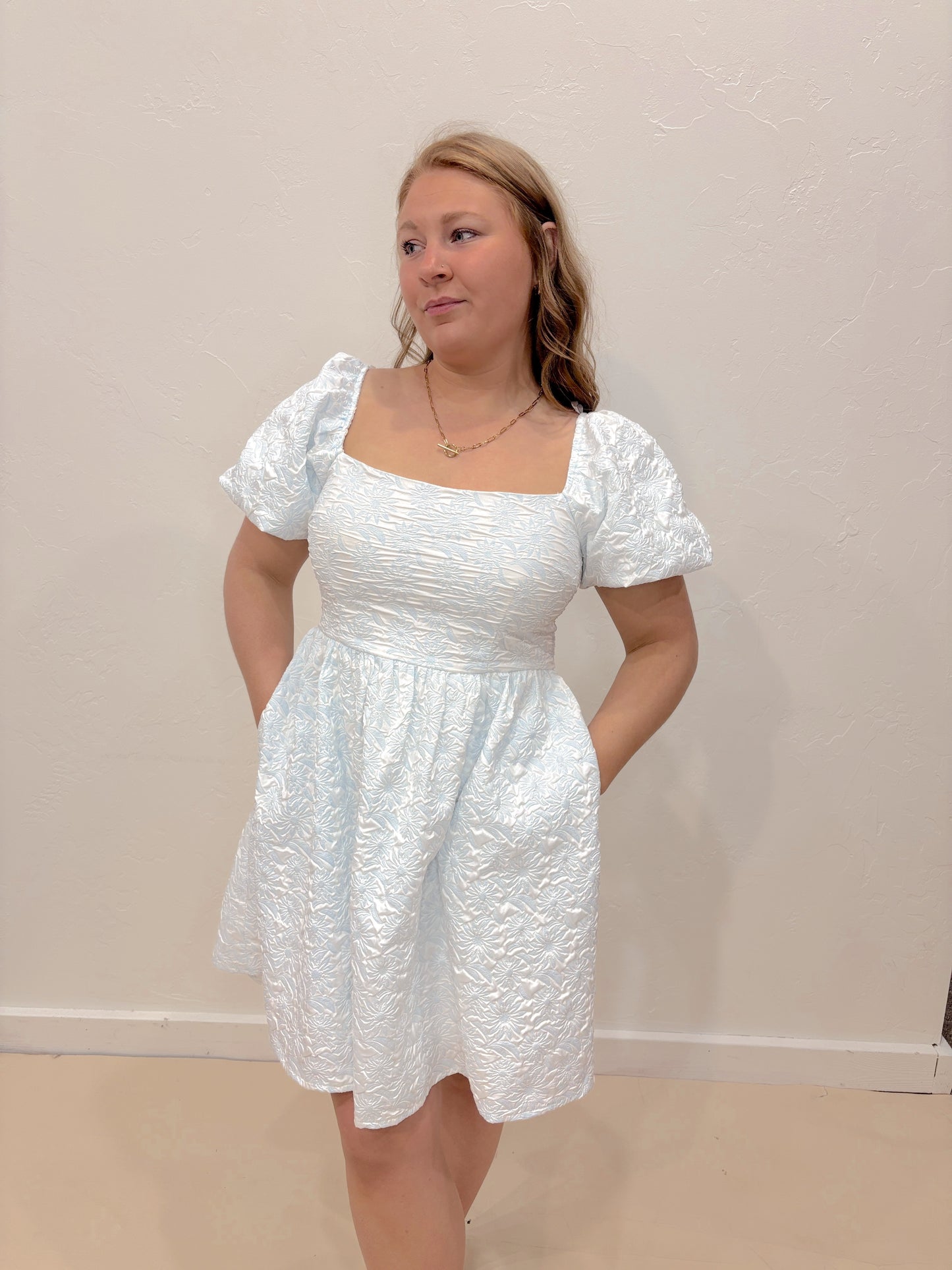 Spring Flower Square Neck Dress - Blue