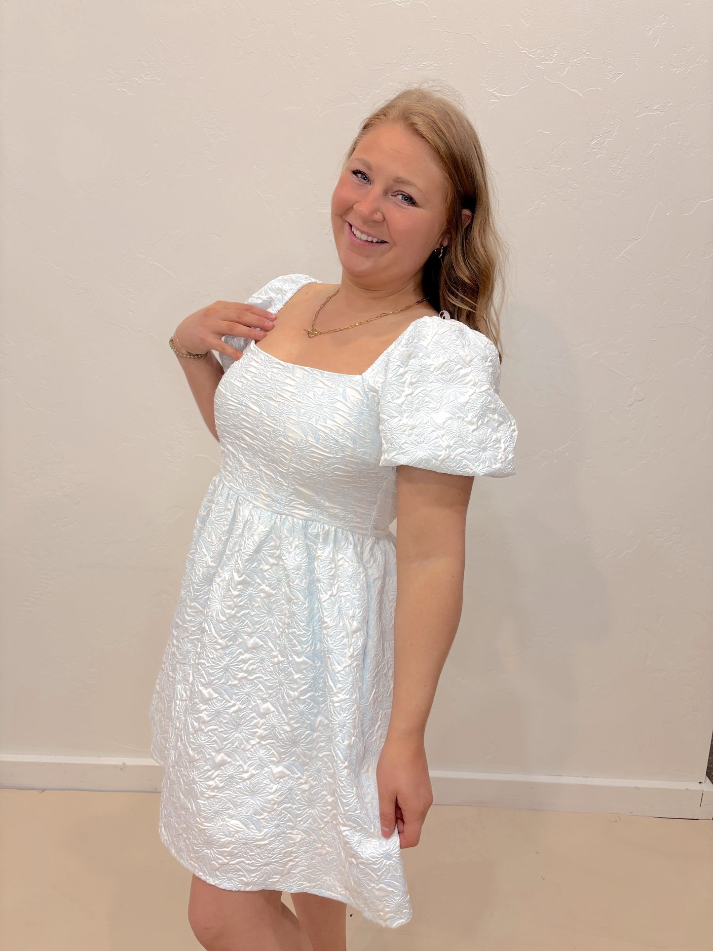 Spring Flower Square Neck Dress - Blue