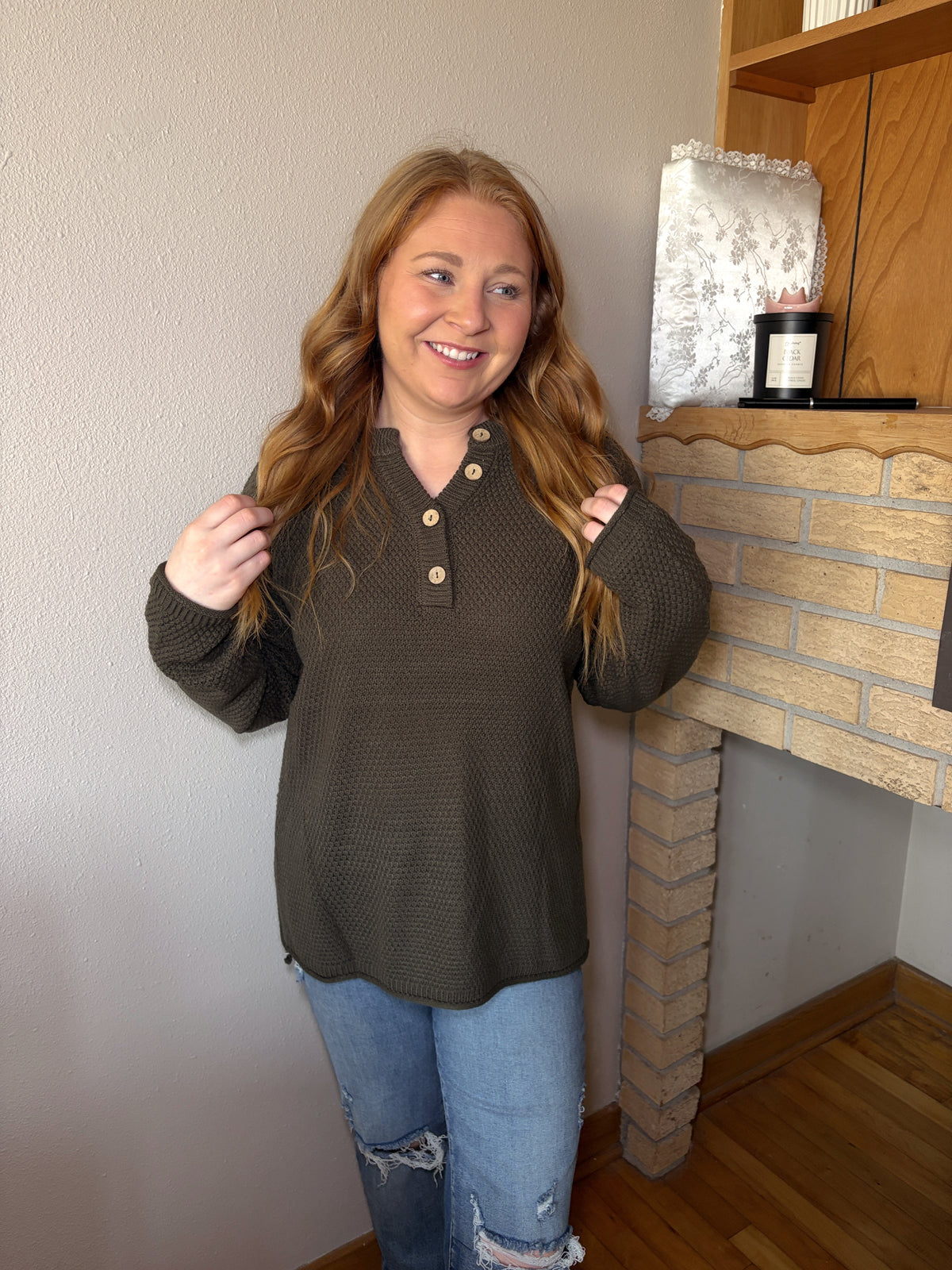 Henley Knit Sweater - Olive