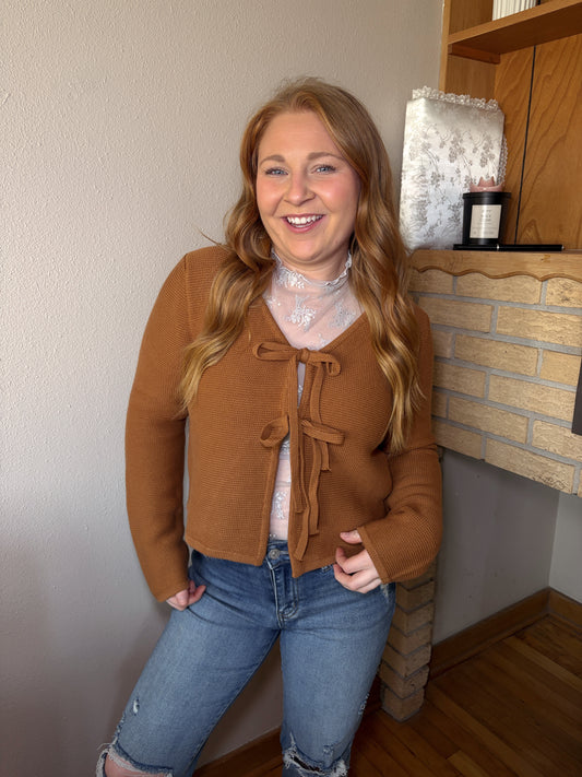Front Tie Sweater Top - Deep Camel