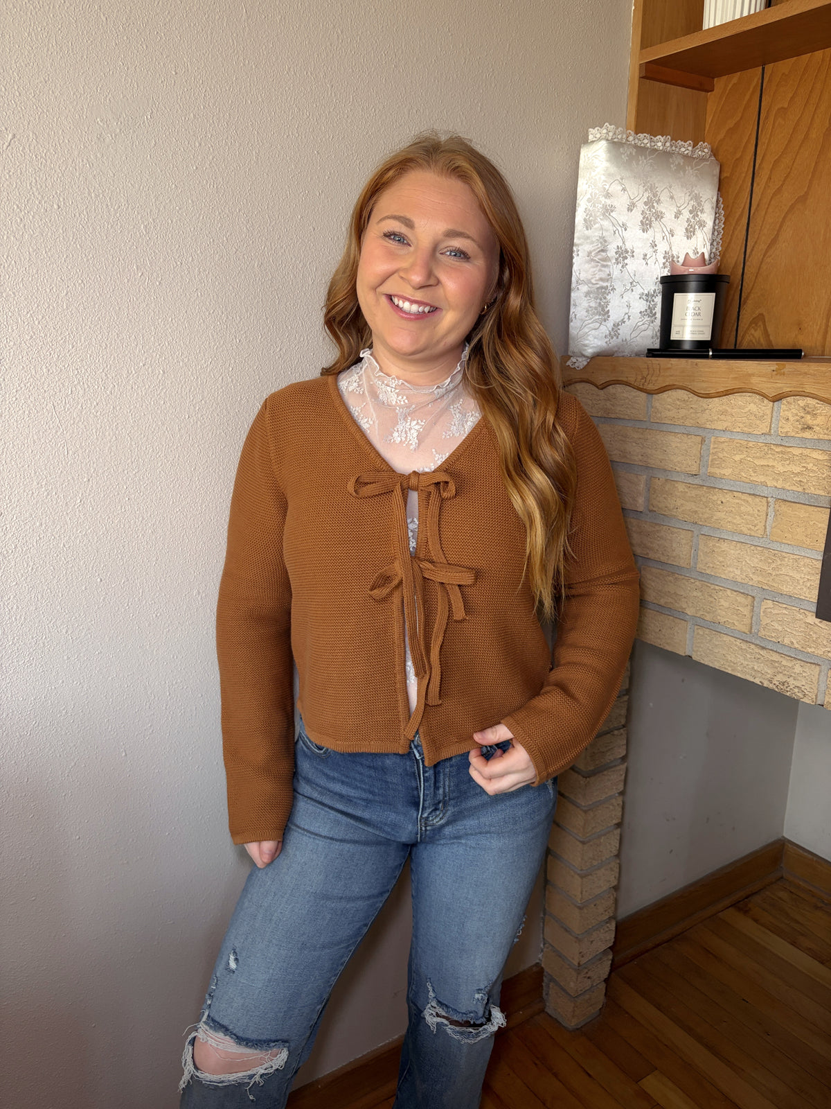 Front Tie Sweater Top - Deep Camel