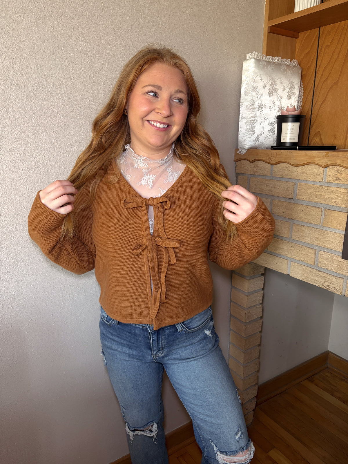 Front Tie Sweater Top - Deep Camel