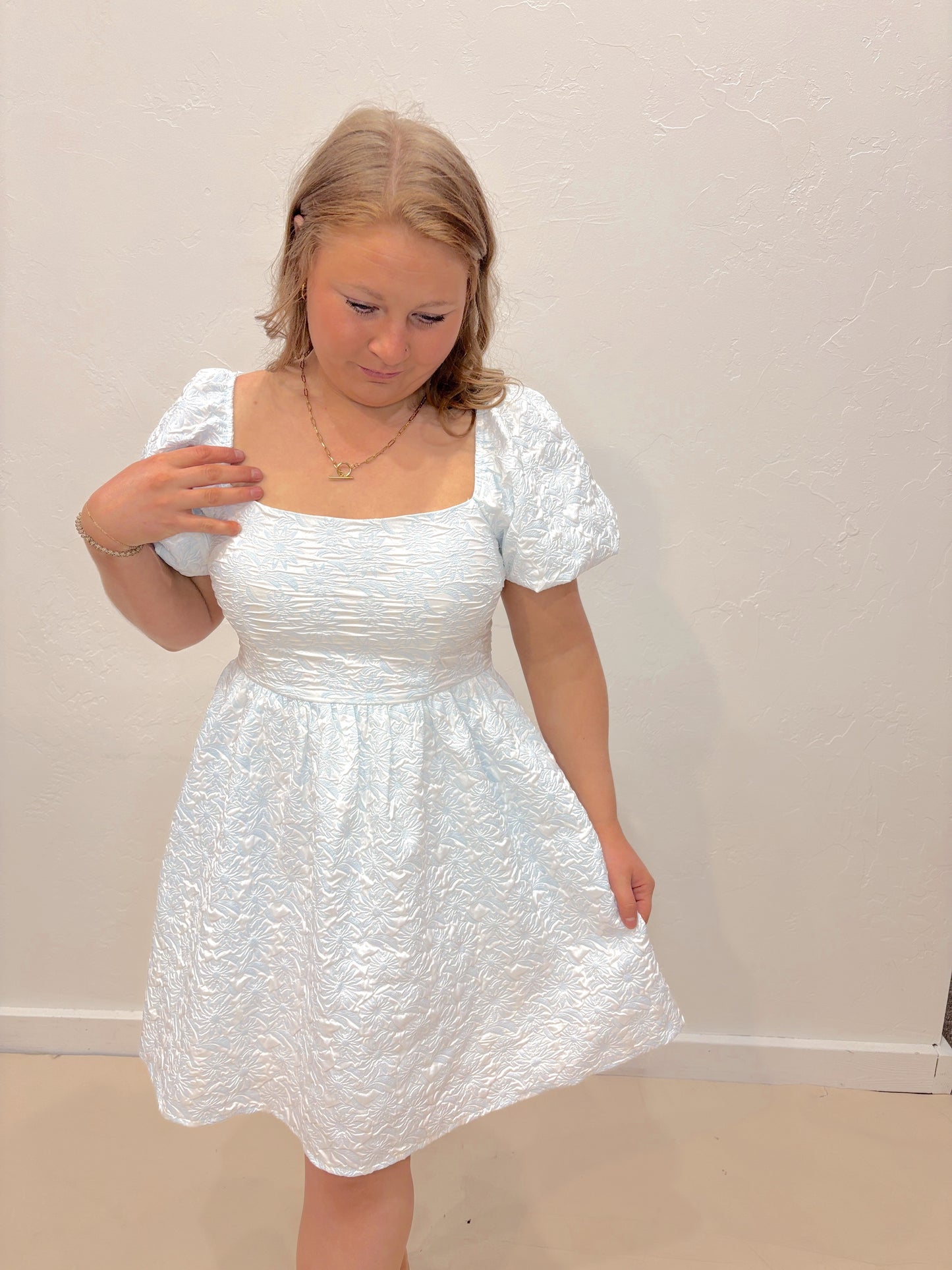 Spring Flower Square Neck Dress - Blue