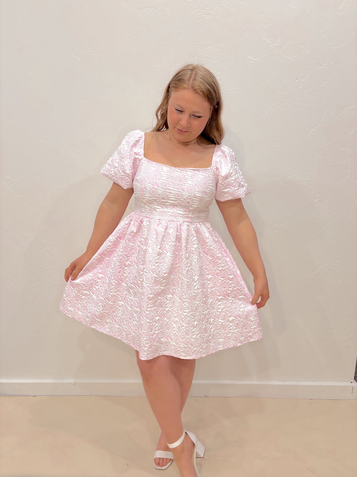 Spring Flower Square Neck Dress - Pink